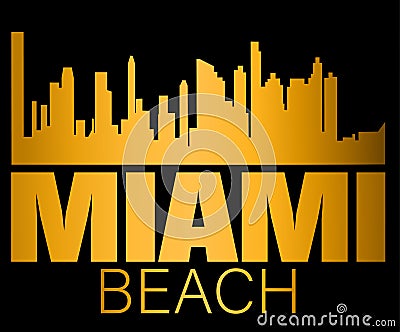 Miami Beach lettering and gold silhouette buildings on black backround. Travel card. Vector Illustration