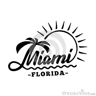 Miami Florida. Black and white lettering design. Decorative inscription. Vintage vector and illustration. Cartoon Illustration