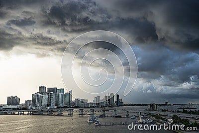 Miami Florida at storm with sunset. View of the big dark clouds and strong gale from the sea Stock Photo