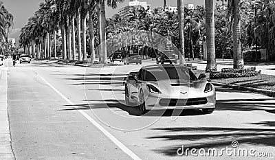 Miami, Florida USA - March 25, 2023: white Chevrolet Corvette C7 Z06 Z07 Stage 2 Style Carbon Fiber Front Bumper Lower Editorial Stock Photo