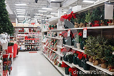 Miami, Florida/USA - 12/02/2019: Walmart decorated for Christmas. Merchandises for New year decoration. Rows with products Editorial Stock Photo