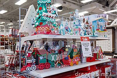 Miami, Florida/USA - 12/02/2019: Walmart decorated for Christmas. Merchandises for New year decoration. Rows with products Editorial Stock Photo