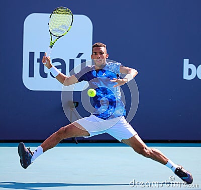 Felix Auger-Aliassime of Canada in action during round 3 match against Francisco Cerundolo of Argentina at 2023 Miami Open Editorial Stock Photo