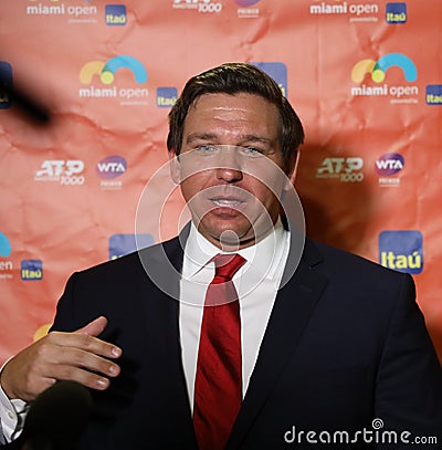 Florida Governor Ron DeSantis visits 2019 Miami Open at the Hard Rock Stadium in Miami Gardens, Florida Editorial Stock Photo