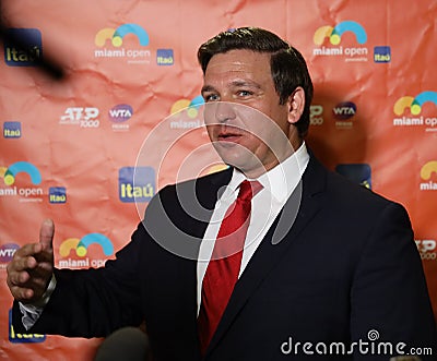 Florida Governor Ron DeSantis visits 2019 Miami Open at the Hard Rock Stadium in Miami Gardens, Florida Editorial Stock Photo