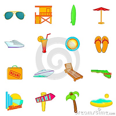 Miami icons set, cartoon style Vector Illustration