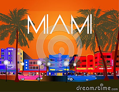 Colorful Miami Vector. Ocean Drive, Art Deco, Palms and Old Cars. Vector Illustration