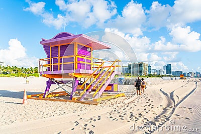 Miami - September 11, 2019: South beach in Miami with lifeguard hut in Art deco style Editorial Stock Photo