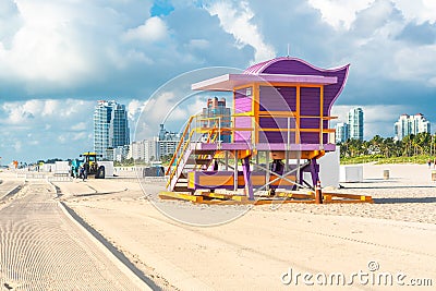 Miami - September 11, 2019: South beach in Miami with lifeguard hut in Art deco style Editorial Stock Photo