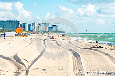 Miami - September 11, 2019: Wide South beach in Miami with lifeguard hut in Art deco style Editorial Stock Photo