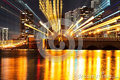 Miami skyline panorama with urban skyscrapers. Miami night downtown. Stock Photo