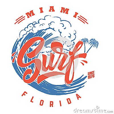 Miami surf. Emblem template with waves and palms. Design element for poster, card, banner, sign, emblem. Cartoon Illustration