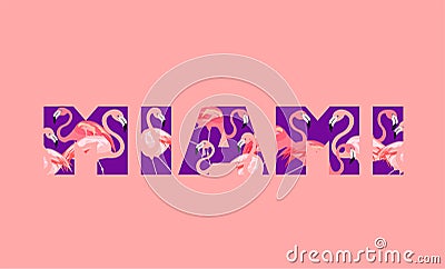 Miami violet lettering with pink flamingo for fashion shirt print Vector Illustration