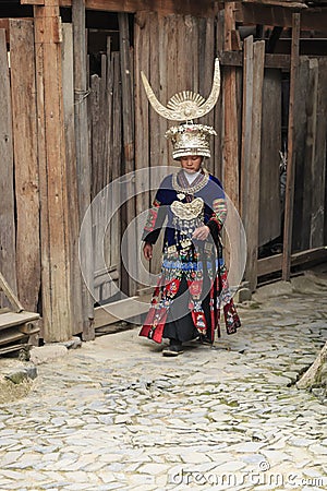 Miao woman wearing the traditional Miao attire in Langde Miao village, Guizhou province, China Editorial Stock Photo