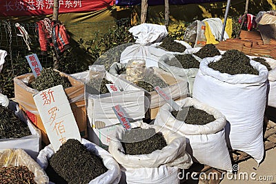 Bags of seeds in Miaojiezhen market in China Editorial Stock Photo