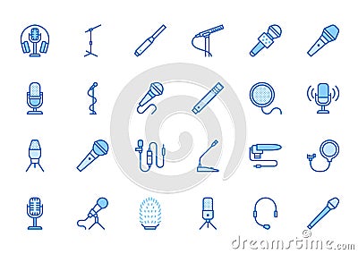 Mic flat line icons set. Podcast mike, journalist microphone, karaoke, conference, windscreen, retro radio vector Cartoon Illustration