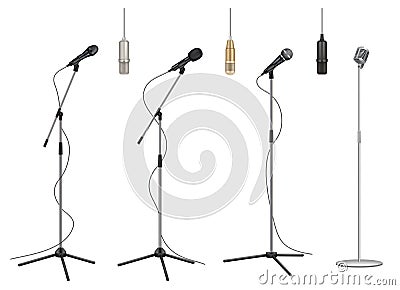 Mic stand. Realistic music microphones sound studio professional equipment vector pictures collection Vector Illustration