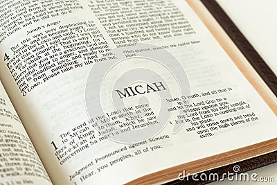 Micah open Holy Bible Book close-up. Old Testament Scripture prophecy Stock Photo