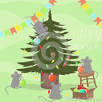 Mice decorate the Christmas tree. New Year card. The symbol of 2020. Vector illustration Stock Photo