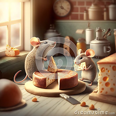 Mice eating cheese in the kitchen. Created with Generative AI Stock Photo