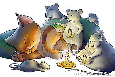 Mice read a book to a kitten at the night Stock Photo