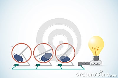 Mice is running in a hamster wheel to generate power for lightbulb, teamwork and success concept Vector Illustration