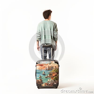 Michael With Suitcase: Rear View Of A Man With A Mediterranean Cityscape Painted Luggage Stock Photo