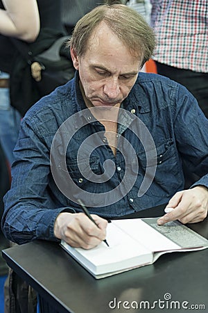 Michel Houellebecq the award-winning French author dedicating for fans in Budapest Book Festival Editorial Stock Photo