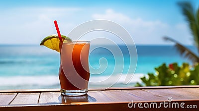 Michelada cocktail on background with blue sea and sky tropical background. Generative AI Stock Photo