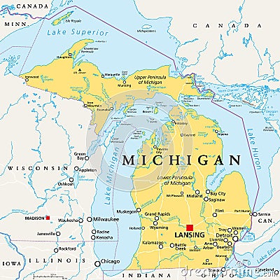 Michigan, MI, political map, US state, nicknamed The Great Lake State Vector Illustration