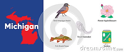 Michigan states with symbol icon of American robin vernor mastodon brook trout apple blossom illustration Vector Illustration