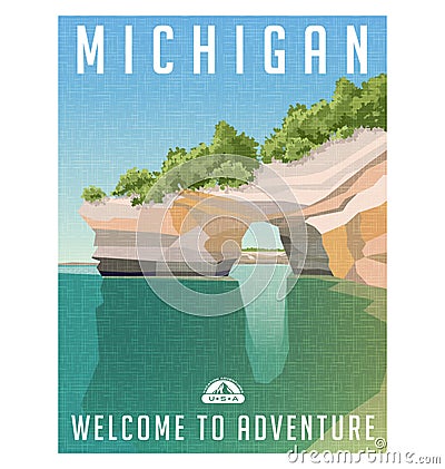 Michigan travel poster of sandstone cliffs on Lake Superior shoreline Vector Illustration