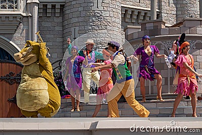 Mickey and Minnie dancing with The princess and the frog characters in Magic Kingdom 3 Editorial Stock Photo