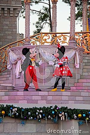 Mickey and Minnie Mouse on the Castle Forecourt Stage at Christmas Editorial Stock Photo