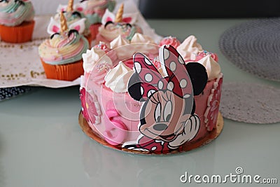 mickey mouse girl birthday cake celebration, pink girly cake witch mouse Miney Editorial Stock Photo