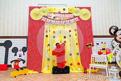Mickey Mouse party. Decorations with Walt Disney cartoon for children. Editorial Stock Photo