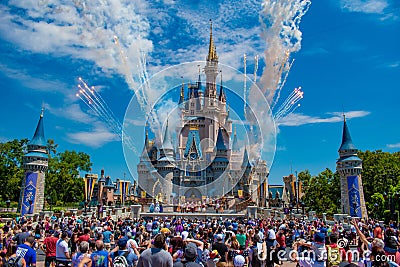 Mickey`s Royal Friendship Faire and fireworks on Cinderella Castle in Magic Kingdom at Walt Disney World Resort 2 Editorial Stock Photo