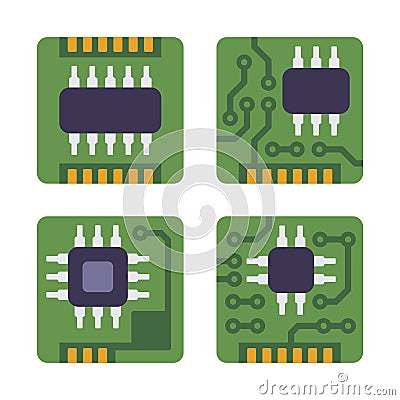 Micro Chip Processor Icons Set. CPU Electronic Component. Vector Vector Illustration