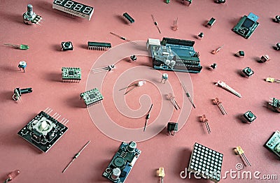 Micro electronics arduino DIY components on a light background, top view Stock Photo