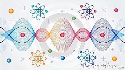 micro science Physics Wave Colorful wave patterns represent micro, science, physics, wave concepts with atoms and particles Stock Photo