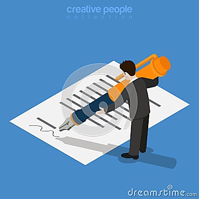 Micro worker man sign document huge ink pen flat 3 Vector Illustration