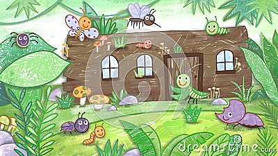 Micro World Insects and Tree House cute oil pastel drawing crayon doodle for children book illustration, poster, or wall painting. Cartoon Illustration