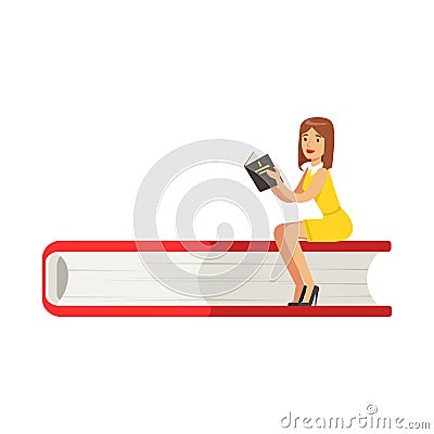 Micro young woman sitting on a giant book, girl enjoy reading vector Illustration Vector Illustration