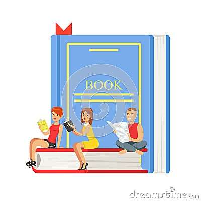 Micro young women and man sitting on a giant book, people enjoy reading vector Illustration Vector Illustration