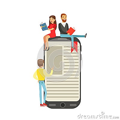 Micro young women and men sitting on a giant electronic book, people enjoy reading vector Illustration Vector Illustration