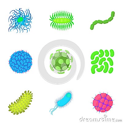 Microbe icons set, cartoon style Vector Illustration