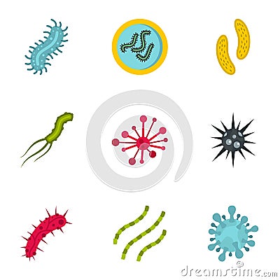 Microbe icons set, flat style Vector Illustration