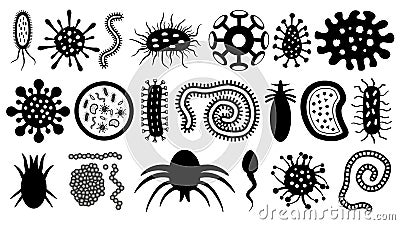 Microbe, parasite, bacterium, worm, virus, sperm, vector silhouette set. Microorganisms under the microscope. Vector Illustration