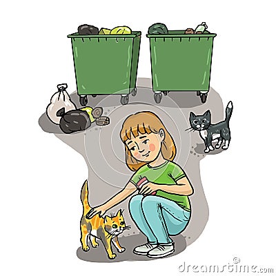 Microbes on homeless animals. A girl pets a homeless kitten near the garbage cans. Danger of infection. Hand-drawn Cartoon Illustration