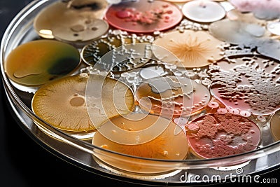 microbial culture on agar plate growing into unique and diverse colony Stock Photo